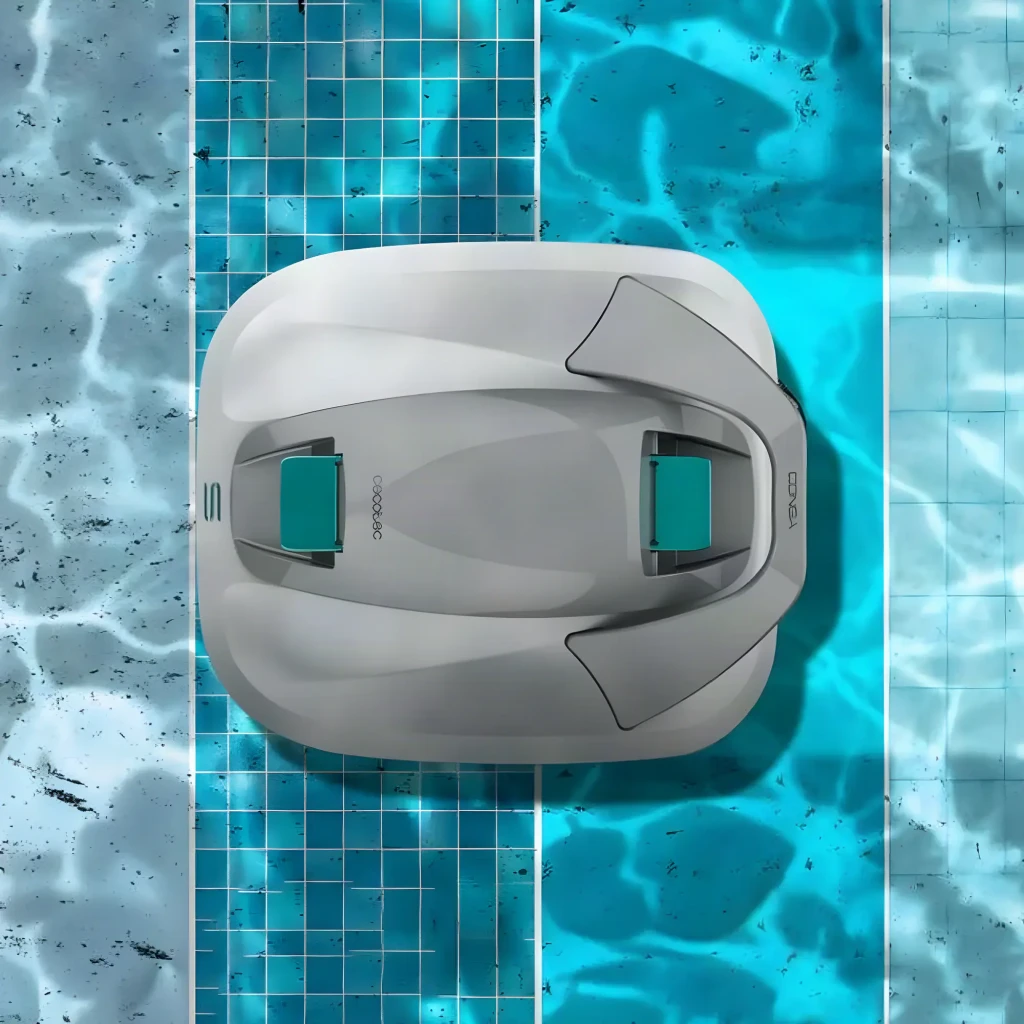 Cecotec Conga Pooldroid 3000 FloorMaster Gris, vue de dessus: corps gris avec filtres turquoise sur fond de piscine bleue
