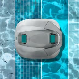 Cecotec Conga Pooldroid 3000 FloorMaster Gris, vue de dessus: corps gris avec filtres turquoise sur fond de piscine bleue