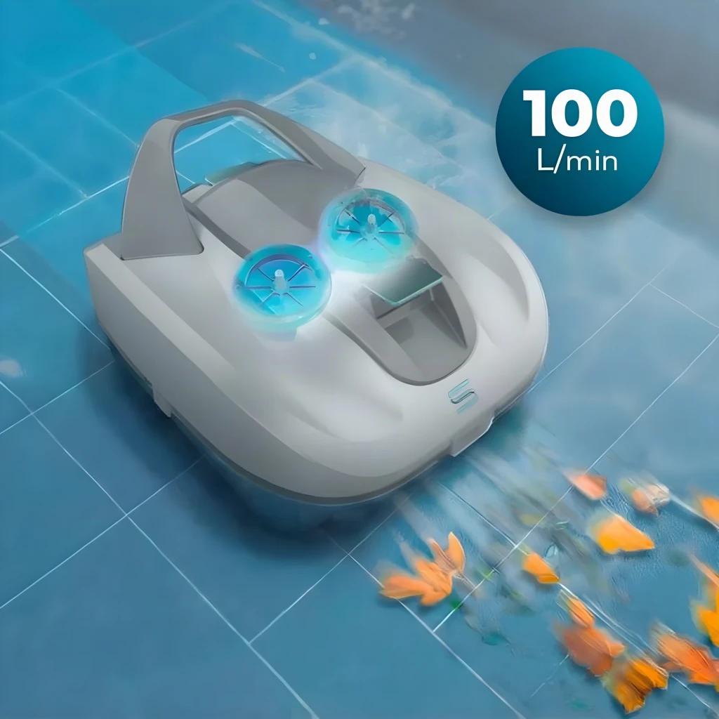 Cecotec Conga Pooldroid 3000 FloorMaster gris, vue dessus: robot en piscine aspirant des feuilles avec turbines bleues
