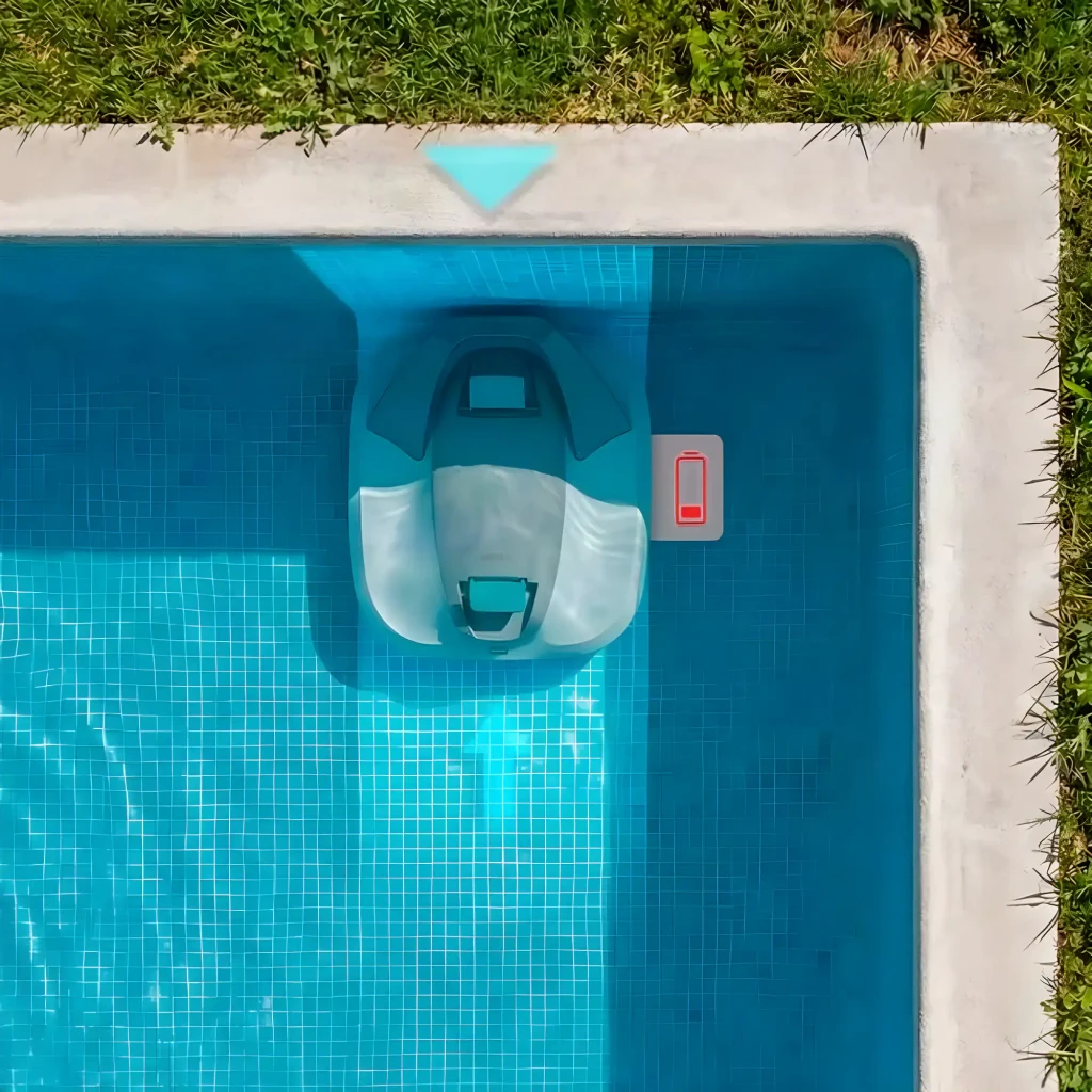 Cecotec Conga Pooldroid 3000 FloorMaster Gris, vue aérienne: robot nettoyant le fond d'une piscine bleue avec icônes