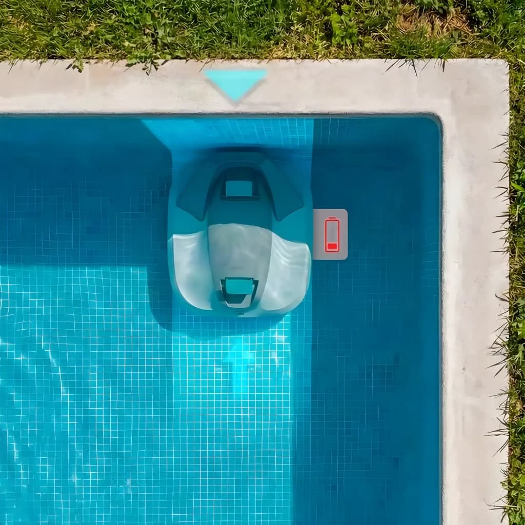 Cecotec Conga Pooldroid 3000 FloorMaster Gris, vue aérienne: robot nettoyant le fond d'une piscine bleue avec icônes