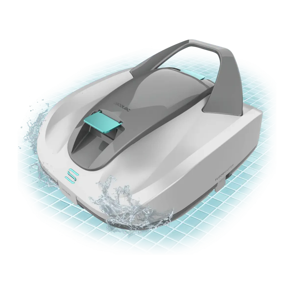 Cecotec Conga Pooldroid 3000 FloorMaster Gris, vue en perspective: robot sur fond de piscine bleu avec éclaboussures d'eau