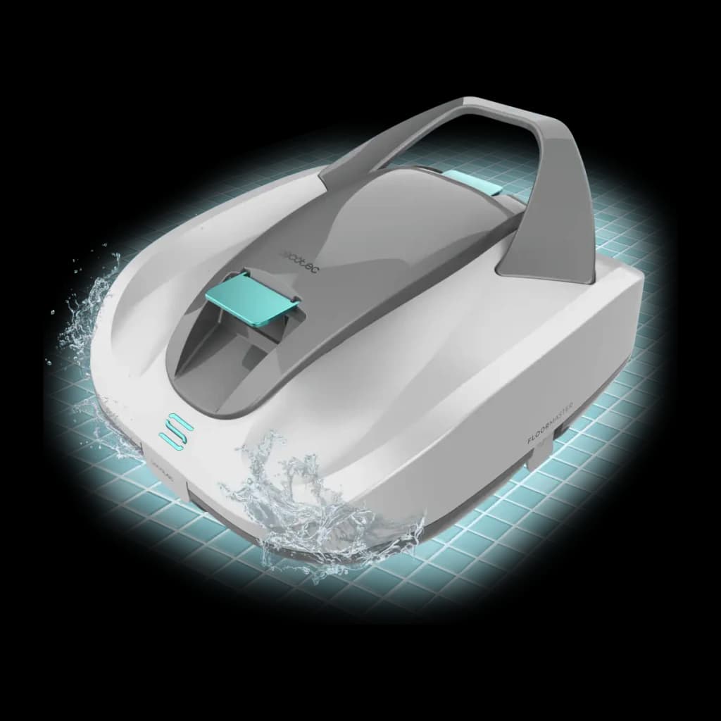 Cecotec Conga Pooldroid 3000 FloorMaster Gris, vue en perspective: robot sur fond de piscine bleu avec éclaboussures d'eau