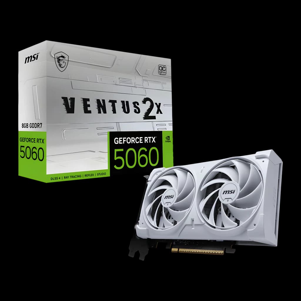 MSI GeForce RTX 5060 VENTUS 2X OC 8GB blanca, vista frontal con caja: tarjeta y packaging oficial sobre fondo negro