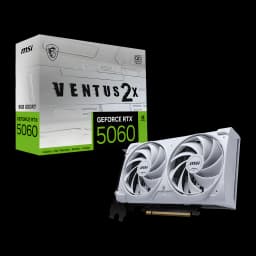 MSI GeForce RTX 5060 VENTUS 2X OC 8GB blanca, vista frontal con caja: tarjeta y packaging oficial sobre fondo negro