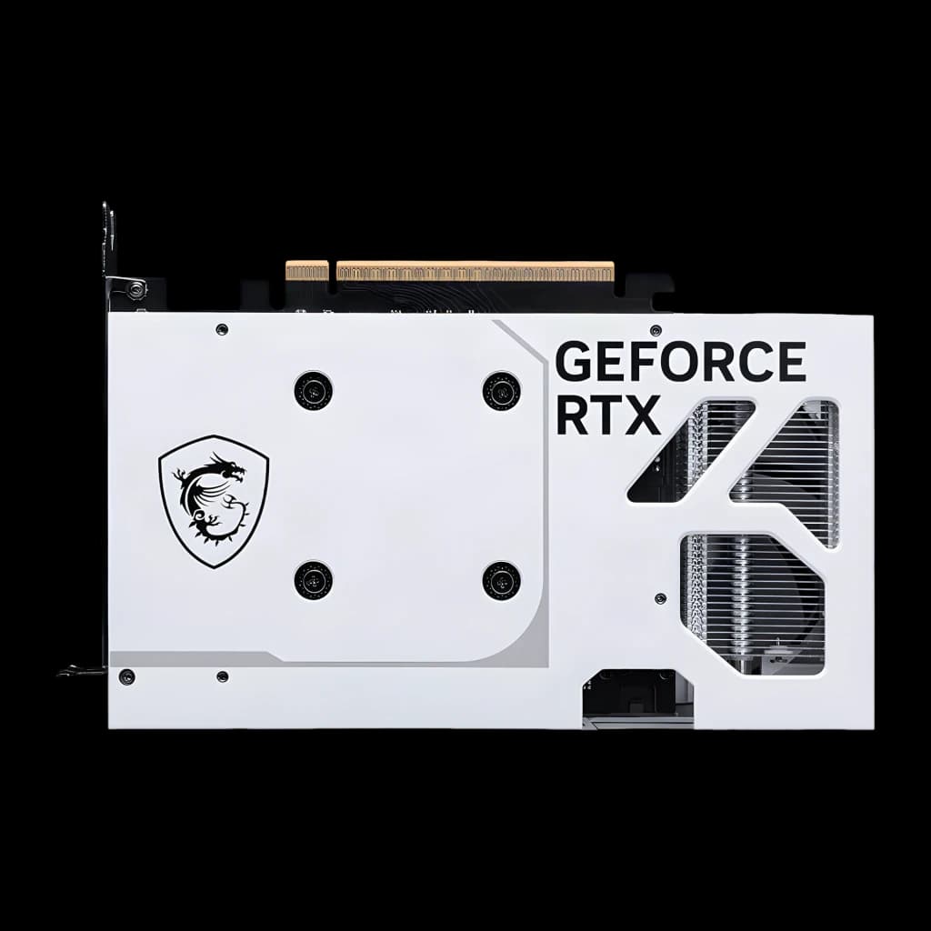 MSI GeForce RTX 5060 VENTUS 2X OC 8GB Blanca, parte trasera: backplate blanco con logo dragón MSI, texto GeForce RTX