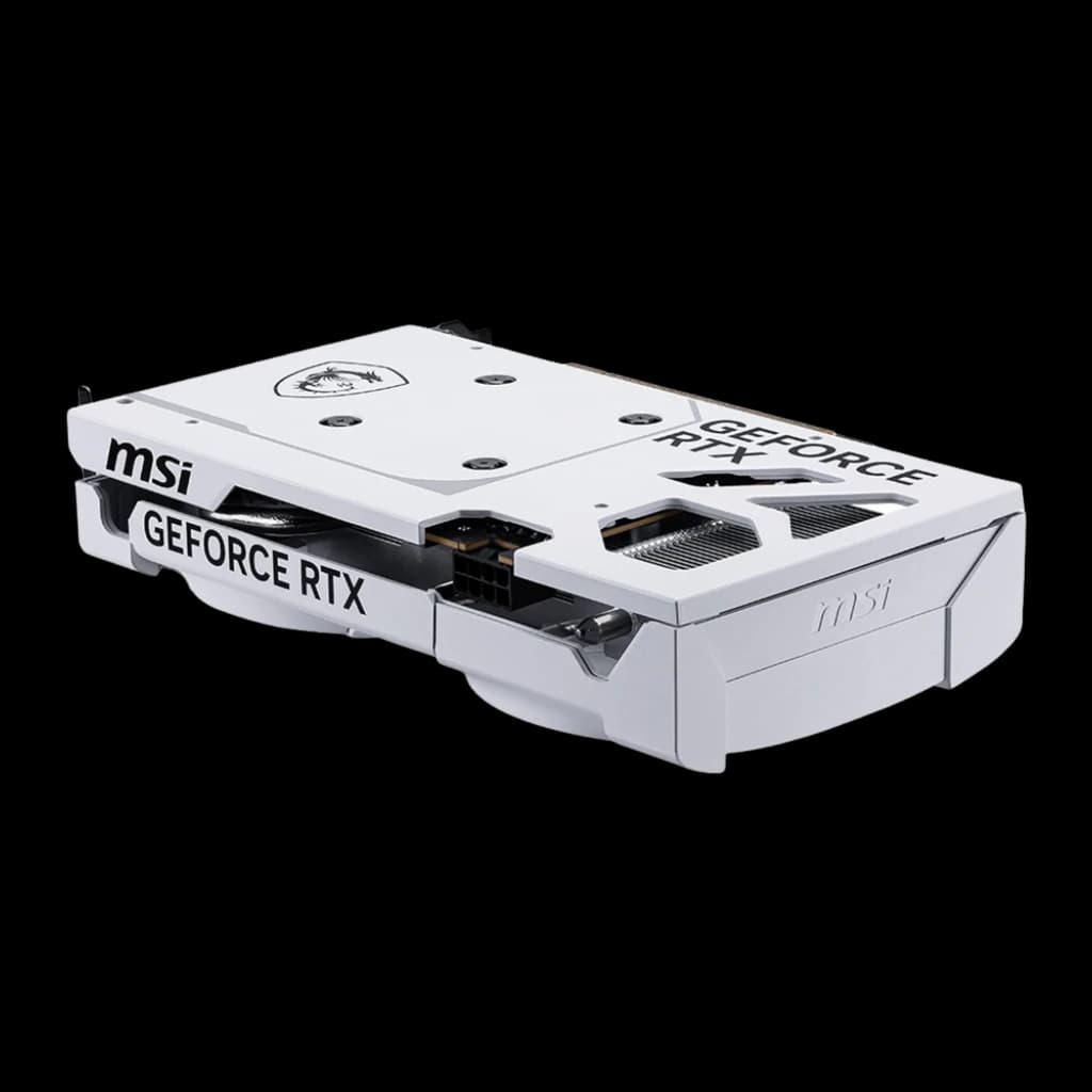 MSI GeForce RTX 5060 VENTUS 2X OC 8GB blanca, vista trasera en ángulo: backplate blanco con texto GeForce RTX y conector