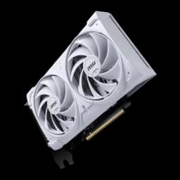 MSI GeForce RTX 5060 VENTUS 2X OC 8GB blanca, vista frontal en ángulo: dos ventiladores con logo MSI y conector PCIe dorado