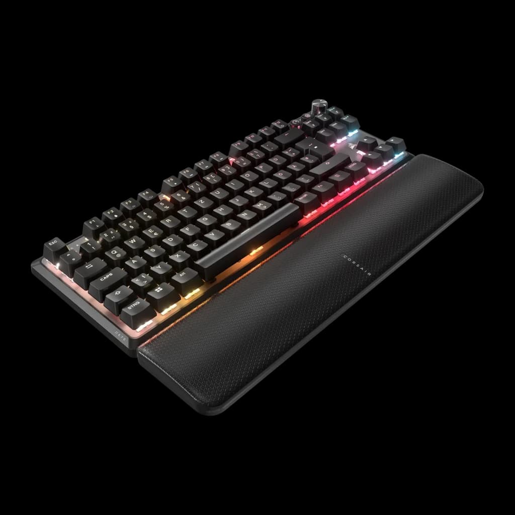 Corsair K70 Core TKL Wireless RGB MLX Red rouge, vue en angle: profil latéral avec éclairage RGB multicolore sous