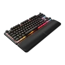 Corsair K70 Core TKL Wireless RGB MLX Red rouge, vue en angle: profil latéral avec éclairage RGB multicolore sous