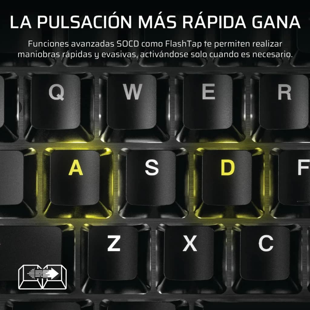 Corsair K70 Core TKL Wireless RGB MLX Red rouge, détail: touches WASD éclairées en jaune avec fonction SOCD FlashTap
