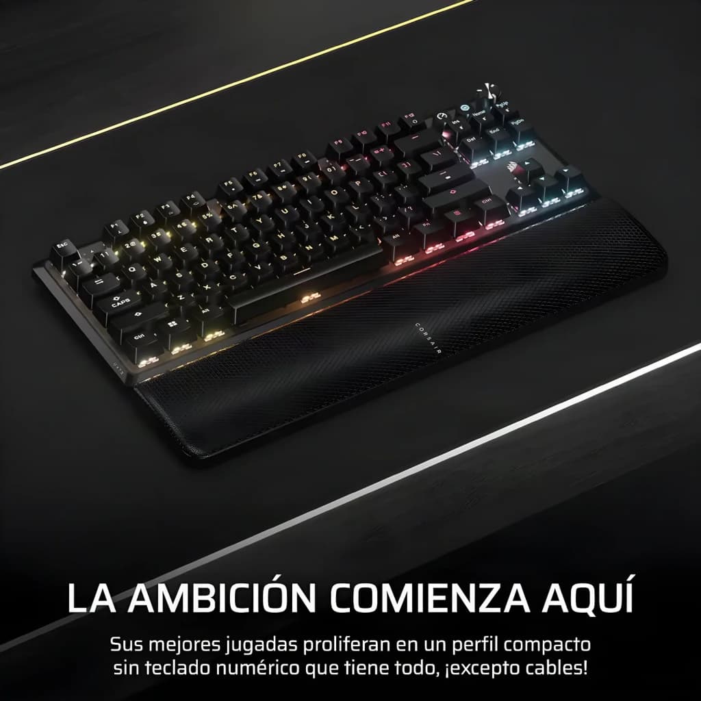 Corsair K70 Core TKL Wireless RGB MLX Red rouge, vue de dessus: clavier avec repose-poignet et éclairage RGB sur surface