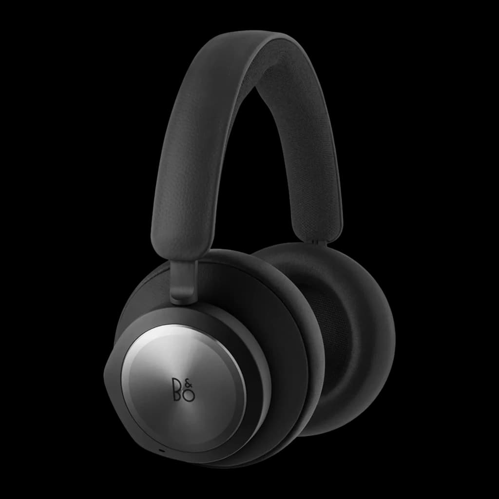 Bang & Olufsen Beocom Portal UC negro, vista lateral: almohadillas texturizadas, aro metálico plateado con logo B&O