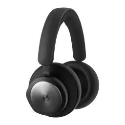 Bang & Olufsen Beocom Portal UC negro, vista lateral: almohadillas texturizadas, aro metálico plateado con logo B&O