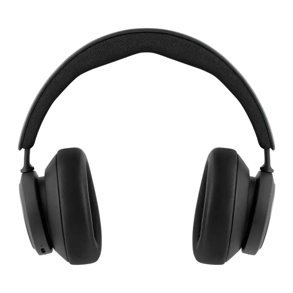 Bang & Olufsen Beocom Portal UC preto, vista lateral: almofadas texturizadas, aro metálico prateado com logo B&O e arco - Item1