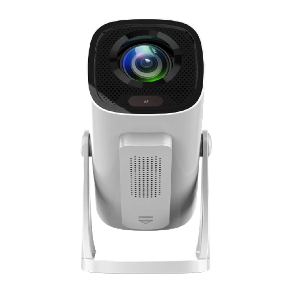 Philips Projecteur NeoPix 250 Smart 1080p Blanc, vue de face: objectif multicolore, capteur AF et haut-parleur sur support