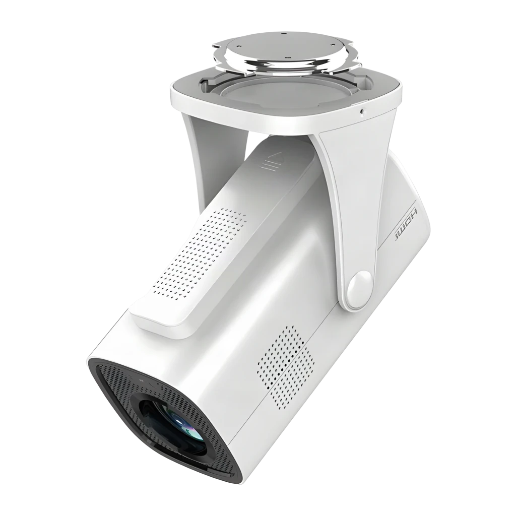 Philips Projecteur NeoPix 250 Smart 1080p Blanc, vue en angle: objectif avant, grilles de ventilation et support articulé