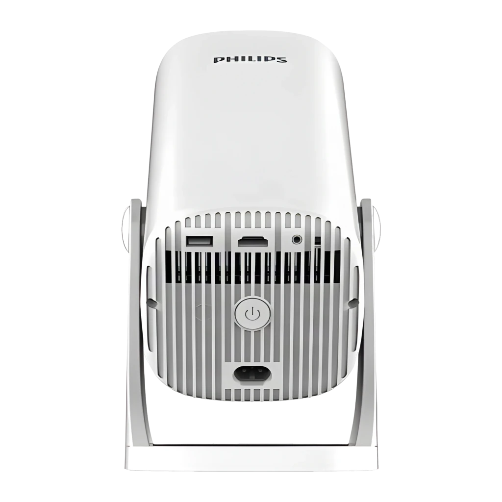 Philips Projecteur NeoPix 250 Smart 1080p Blanc, vue arrière: grille de ventilation, ports USB HDMI et bouton d'alimentation