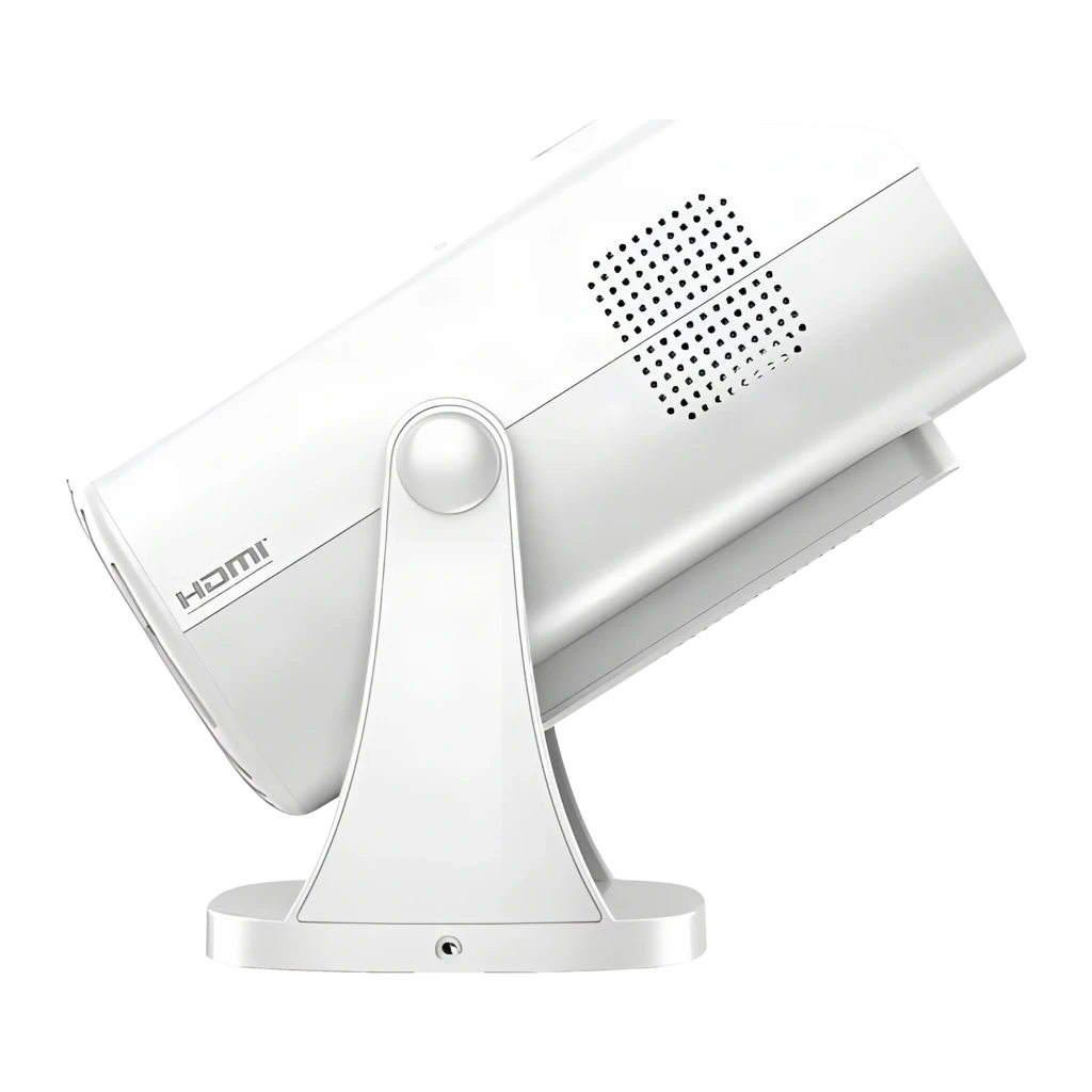 Philips Projecteur NeoPix 250 Smart 1080p Blanc, vue latérale: grille de ventilation, support inclinable et port HDMI