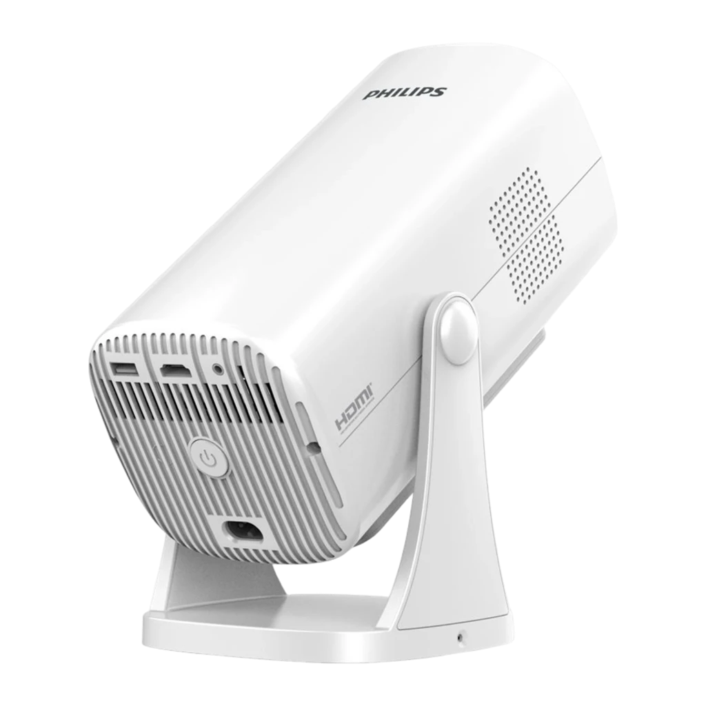 Philips Projecteur NeoPix 250 Smart 1080p Blanc, vue arrière en angle: panneau HDMI, bouton d'alimentation, grille
