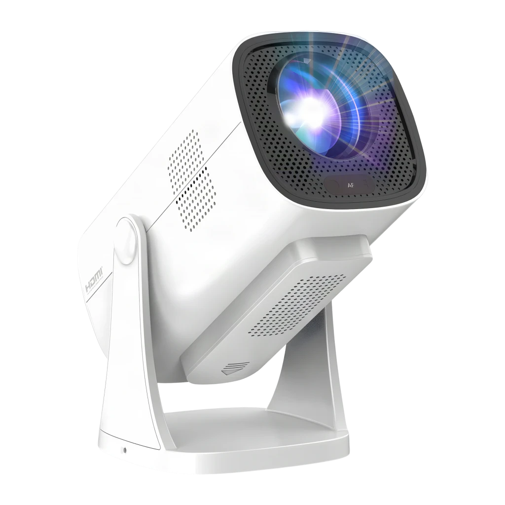 Philips Projecteur NeoPix 250 Smart 1080p Blanc, vue latérale avant: objectif éclairé, grille de ventilation et support