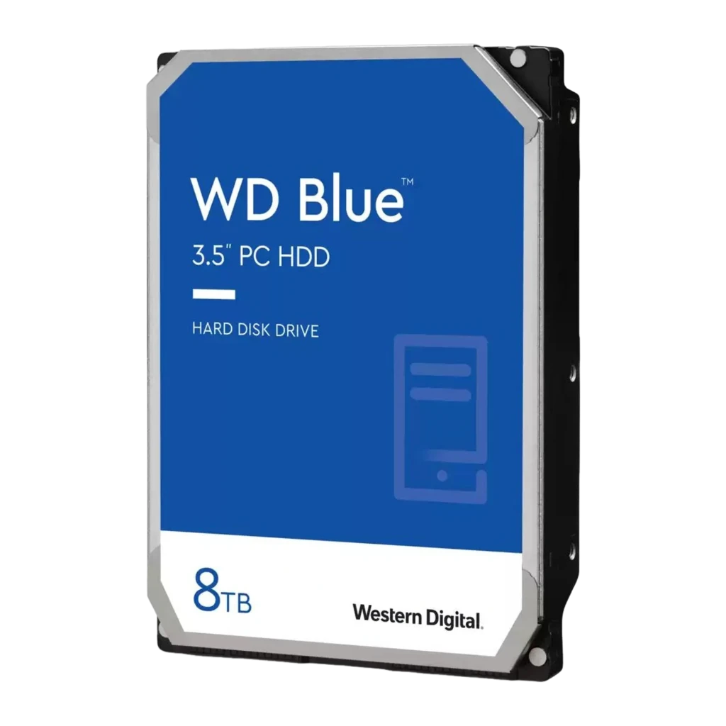 WD Blue 8TB azul, vista en ángulo: perspectiva 3/4 que muestra etiqueta azul, lateral metálico y tornillos