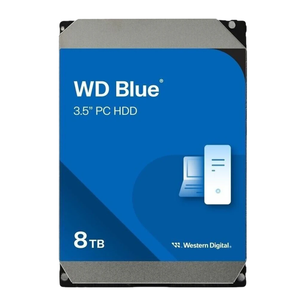 WD Blue 8TB azul, vista frontal: etiqueta azul con logo WD Blue, texto 3.5" PC HDD y capacidad 8TB