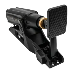 Moza Racing mBooster preto, vista em perspectiva zenital: pedal hexagonal, anel dourado do cilindro e base com portas
