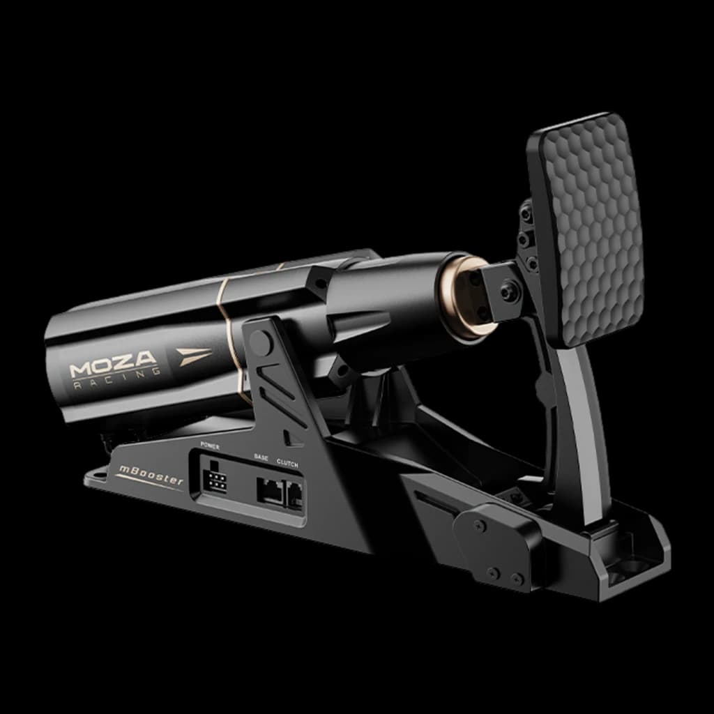 Moza Racing mBooster preto, vista lateral direita: cilindro com anel dourado visível, pedal com textura hexagonal e portas