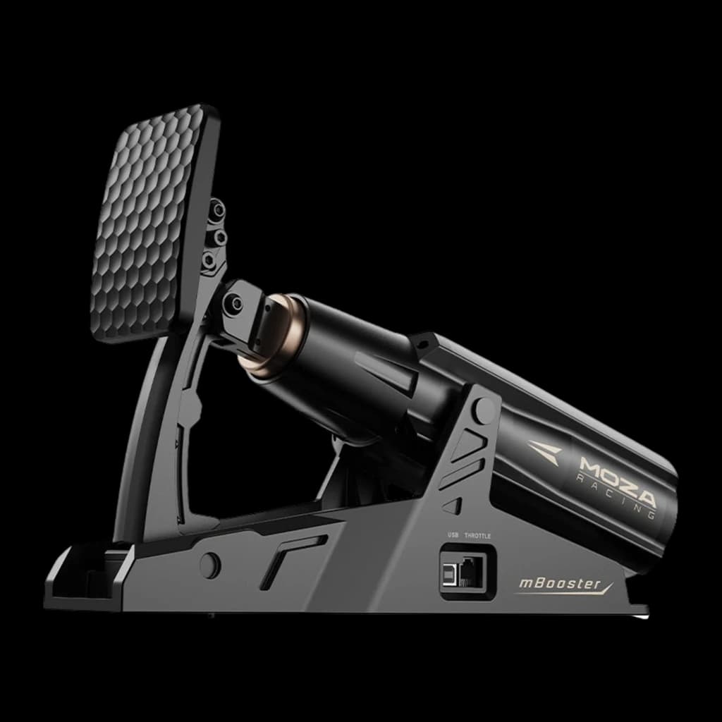 Moza Racing mBooster preto, vista lateral oposta: pedal hexagonal em primeiro plano, anel dourado do cilindro e portas USB