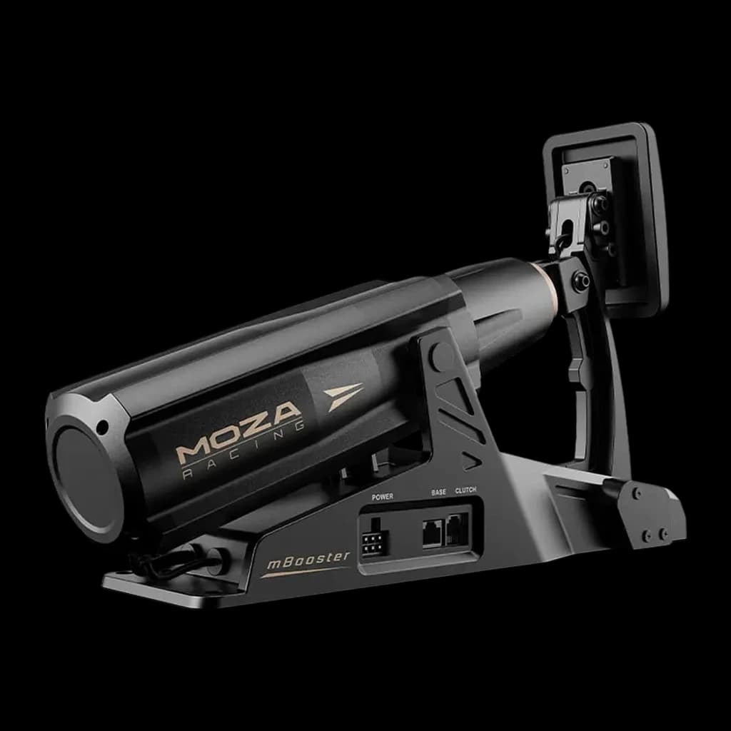 Moza Racing mBooster preto, vista lateral esquerda: cilindro com logo dourado, base com portas Power Base Clutch e pedal