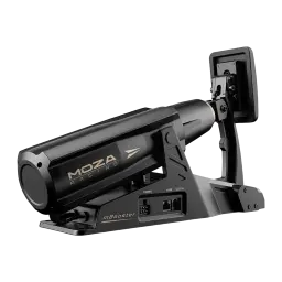 Moza Racing mBooster preto, vista lateral esquerda: cilindro com logo dourado, base com portas Power Base Clutch e pedal