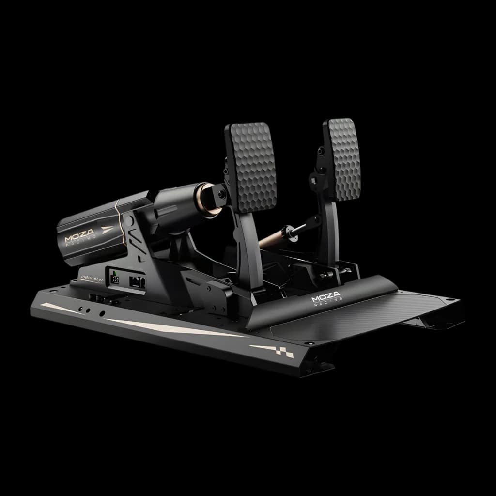 Moza Racing Pedal ativo mBooster Preto, vista lateral: dois pedais texturizados, cilindro dourado e base com logo