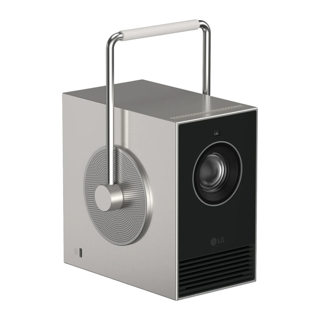 LG Videoprojetor PU600U 4K UHD prata/preto, vista frontal: lente central, alça metálica e grelha de ventilação inferior - Item1