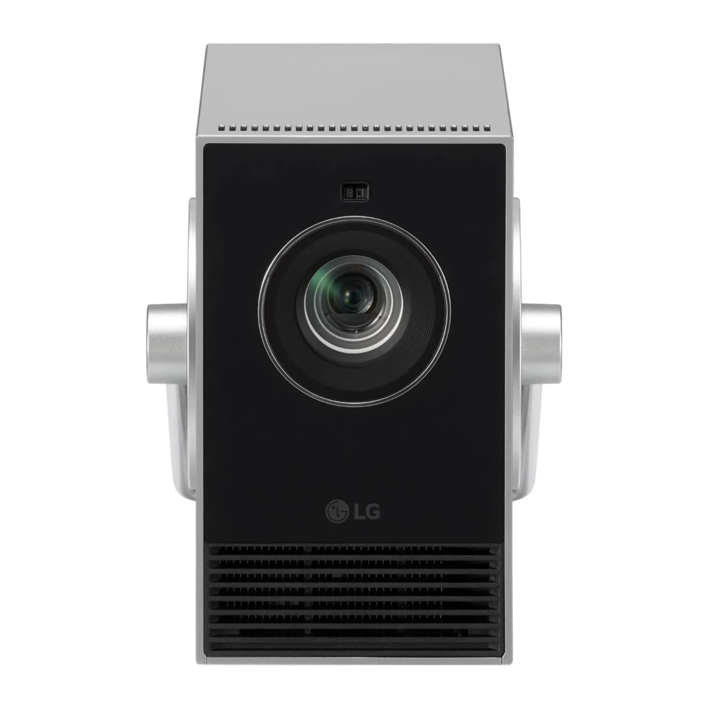 LG Videoprojetor PU600U 4K UHD prata/preto, vista frontal: lente central, alça metálica e grelha de ventilação inferior - Item2