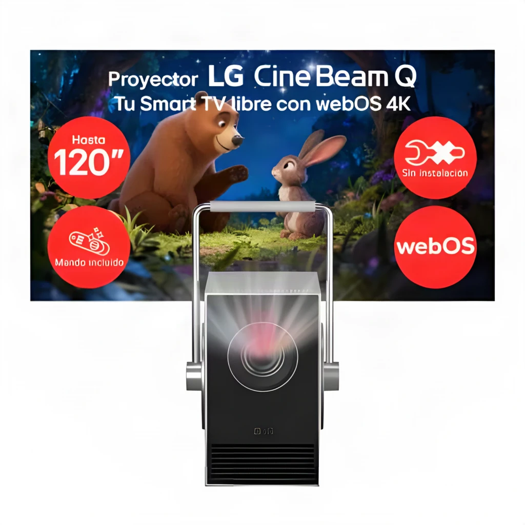 LG Videoprojetor PU600U 4K UHD prata/preto, vista frontal: lente central, alça metálica e grelha de ventilação inferior - Item5