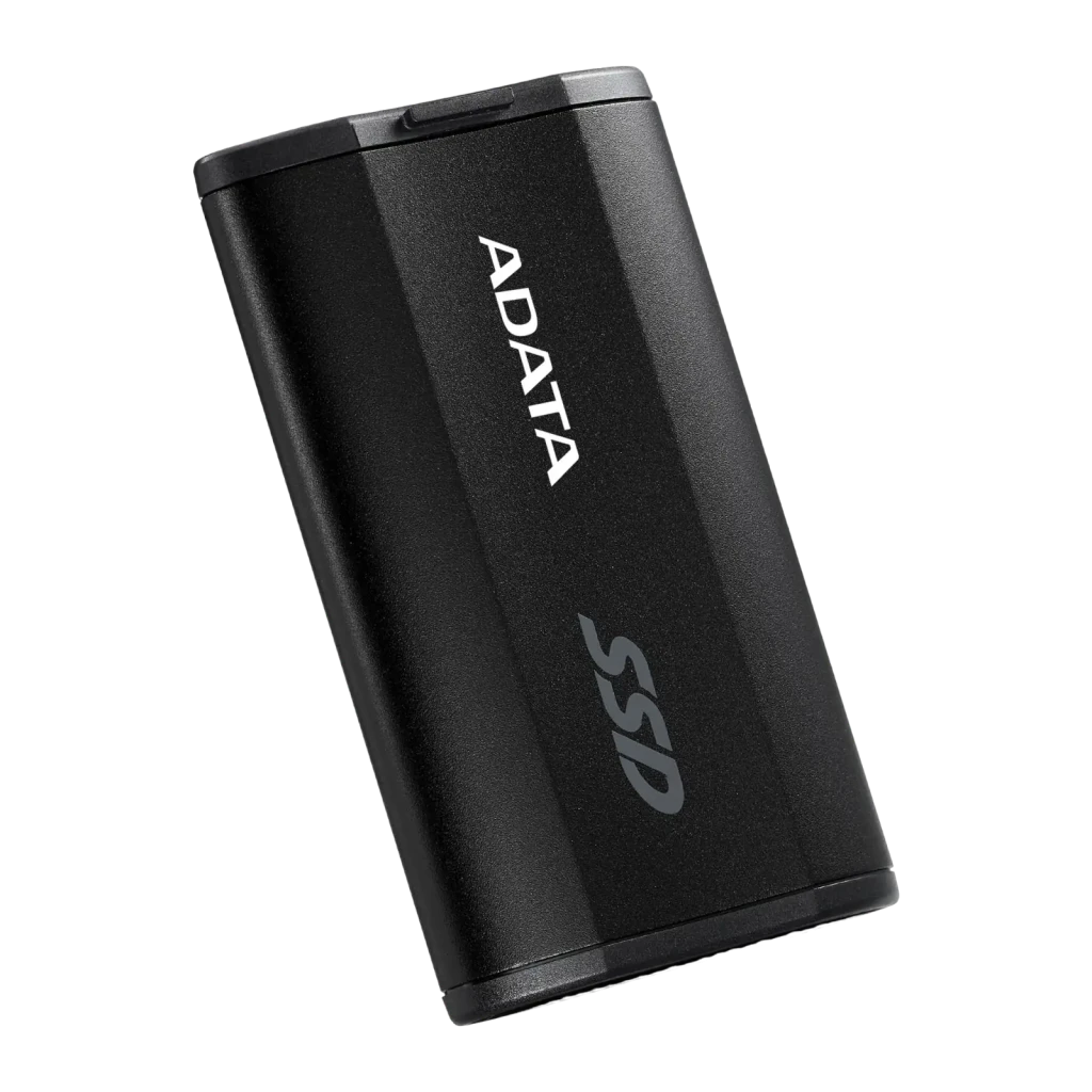 ADATA SSD Externo SD810 4TB negro, vista frontal en ángulo: cuerpo de aluminio con logo ADATA y texto SSD grabado