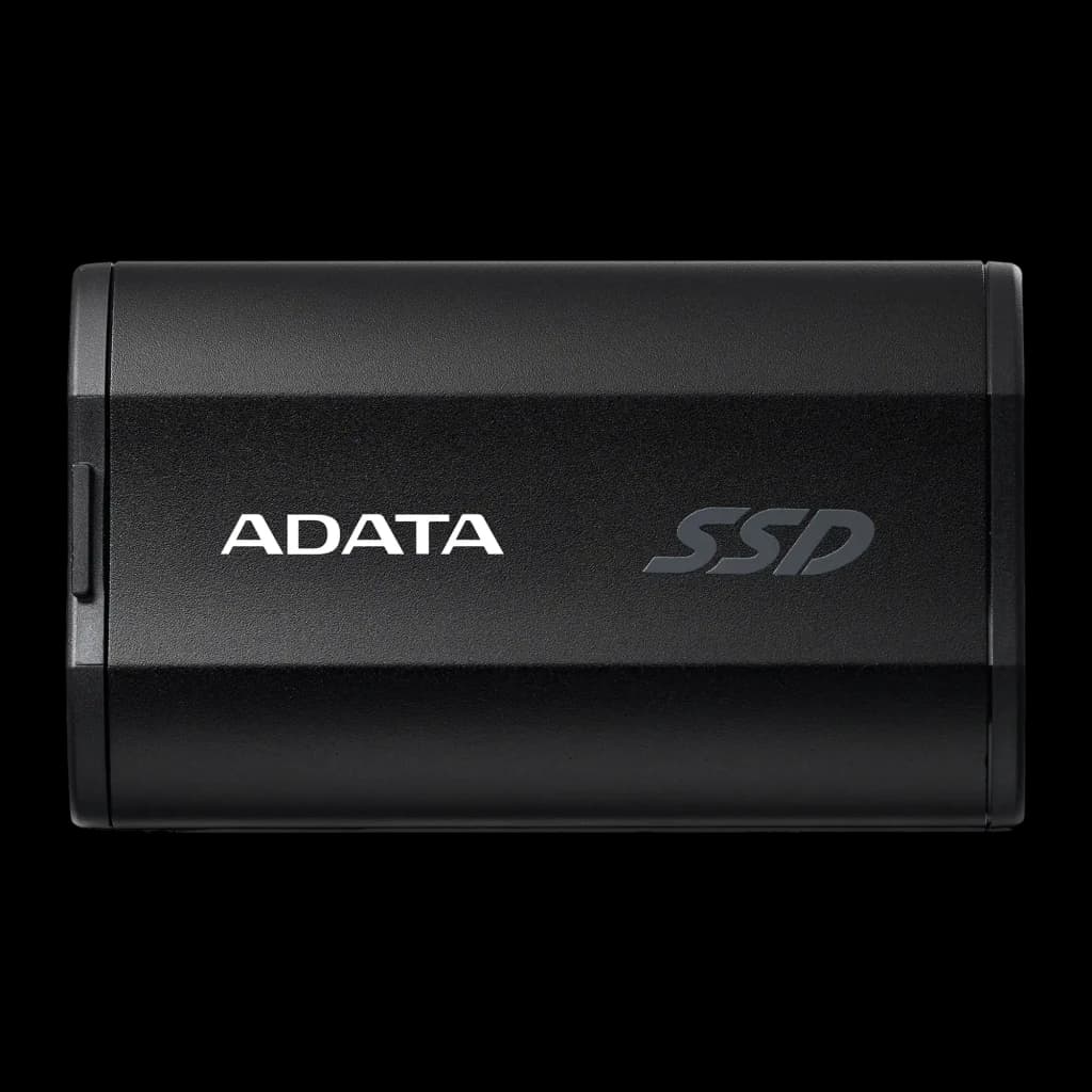 ADATA SSD Externo SD810 4TB Preto, vista frontal: corpo compacto com logo ADATA e gravação SSD em relevo