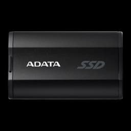ADATA SSD Externo SD810 4TB Preto, vista frontal: corpo compacto com logo ADATA e gravação SSD em relevo
