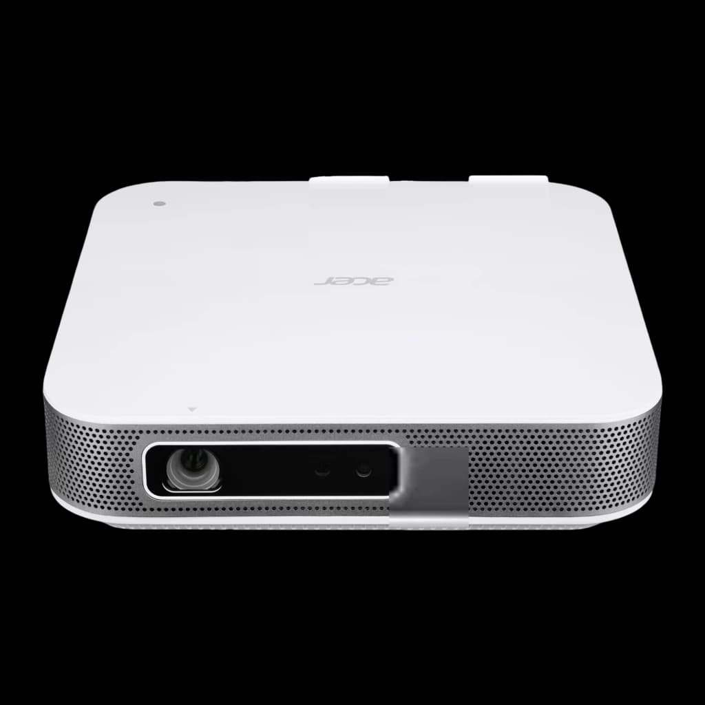 Acer Projecteur PD1520s DLP Full HD 1080p Argent, vue avant-dessus: objectif, grille haut-parleur argentée et logo Acer