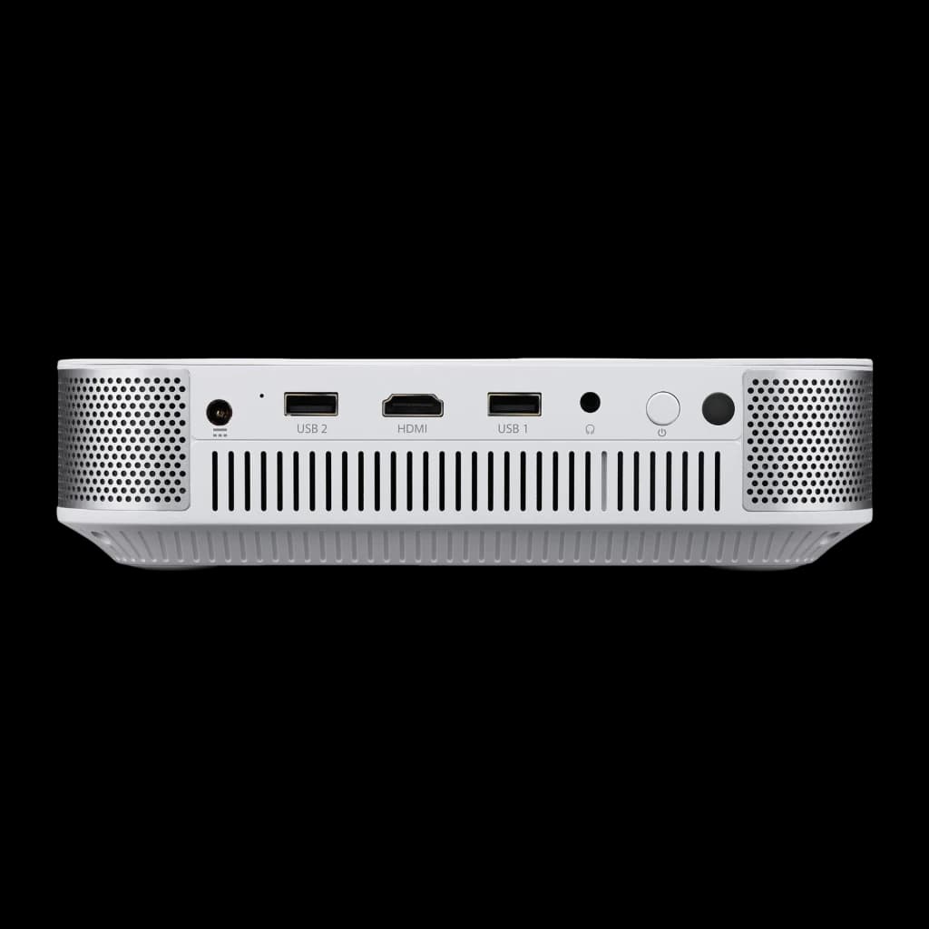 Acer Projecteur PD1520s DLP Full HD 1080p Argent, vue arrière: ports USB 2, HDMI, USB 1, jack audio, bouton marche