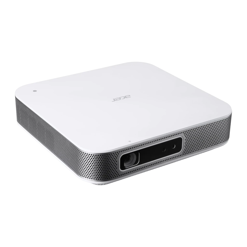 Acer Projecteur PD1520s DLP Full HD 1080p Argent, vue avant-dessus: objectif, grille haut-parleur argentée et logo Acer - Ítem4