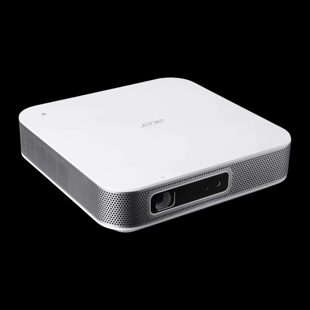 Acer Projecteur PD1520s DLP Full HD 1080p Argent, vue de face en angle: objectif, capteur et grille argentée visibles