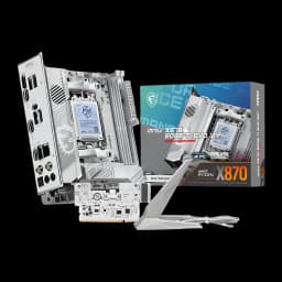 MSI MPG X870I Edge TI Evo WiFi Blanc, vue ensemble: carte mère, panneau arrière, antenne WiFi et boîte du produit