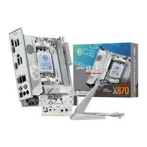 MSI MPG X870I Edge TI Evo WiFi Blanc, vue ensemble: carte mère, panneau arrière, antenne WiFi et boîte du produit