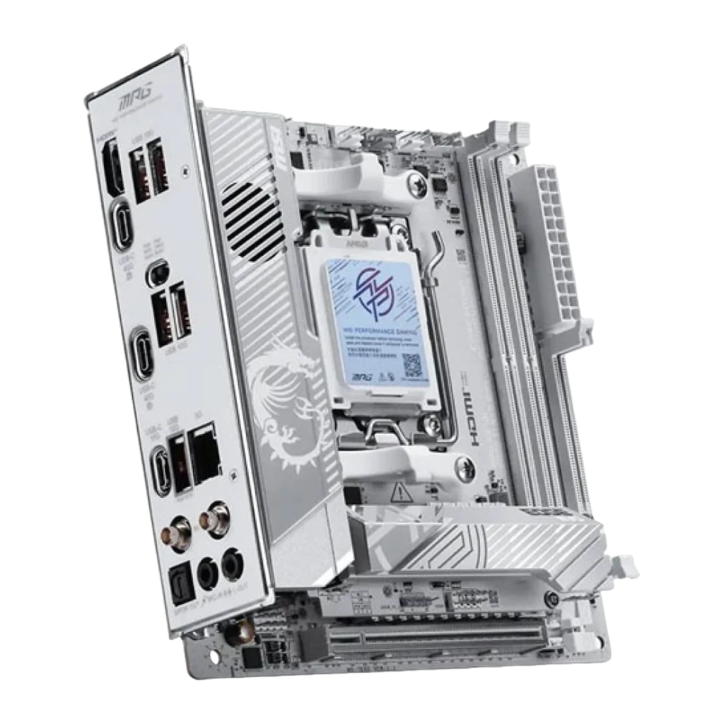 MSI MPG X870I Edge TI Evo WiFi Blanc, vue ensemble: carte mère, panneau arrière, antenne WiFi et boîte du produit - Ítem3