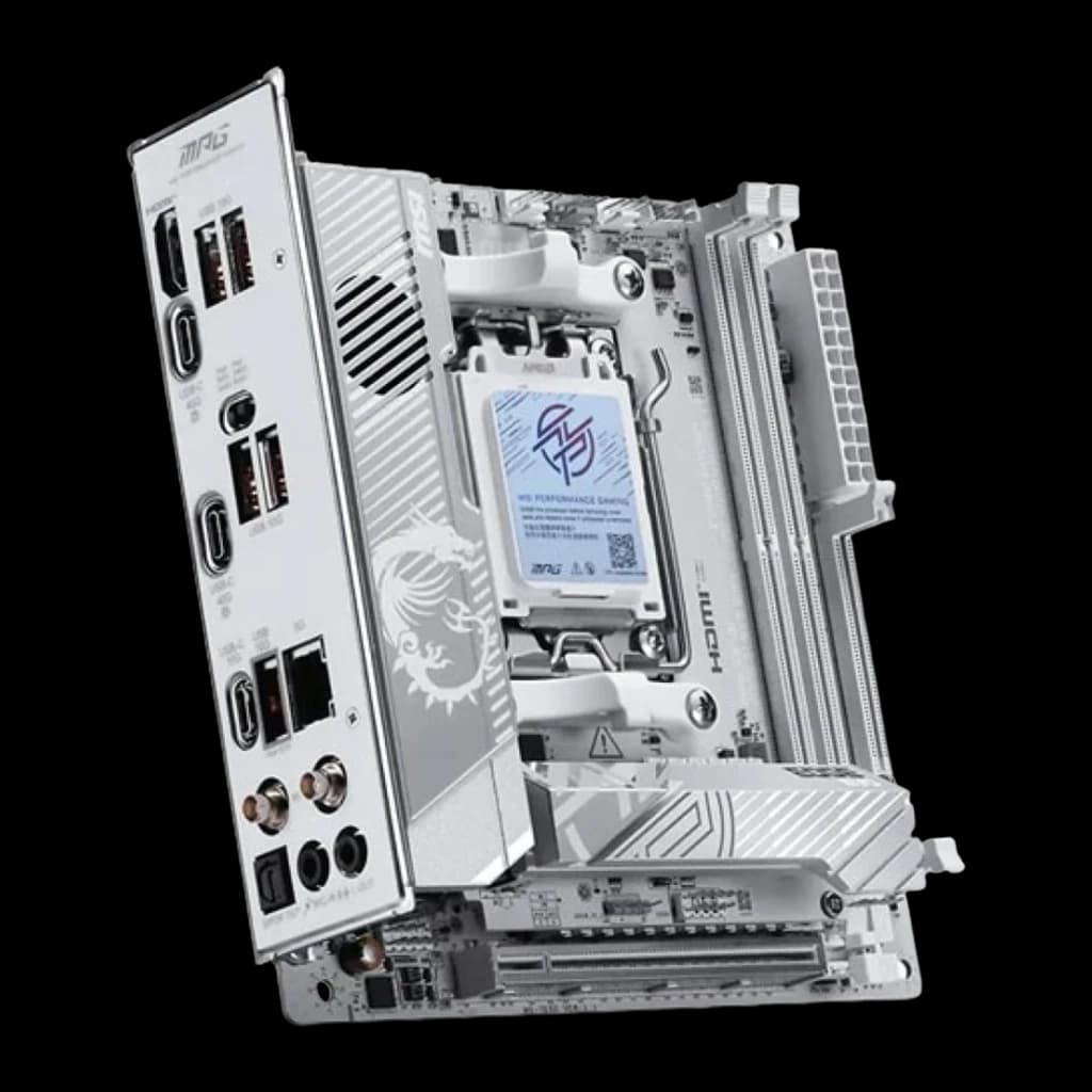 MSI MPG X870I Edge TI Evo WiFi Blanche, vue latérale panneau I/O: ports USB-C, HDMI, USB-A, LAN et audio arrière