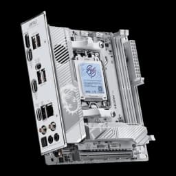 MSI MPG X870I Edge TI Evo WiFi Blanche, vue latérale panneau I/O: ports USB-C, HDMI, USB-A, LAN et audio arrière