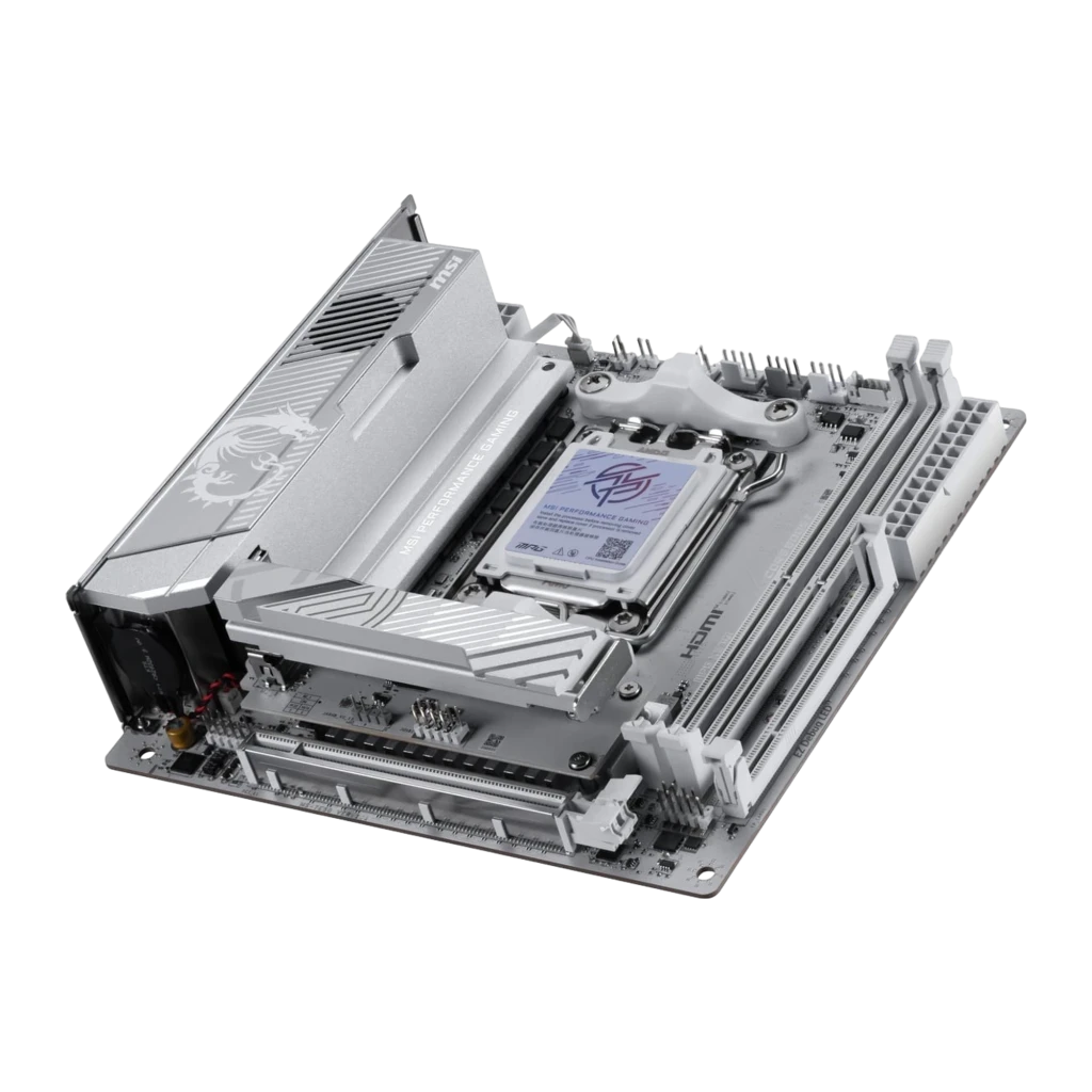 MSI MPG X870I Edge TI Evo WiFi Blanc, vue ensemble: carte mère, panneau arrière, antenne WiFi et boîte du produit - Ítem4
