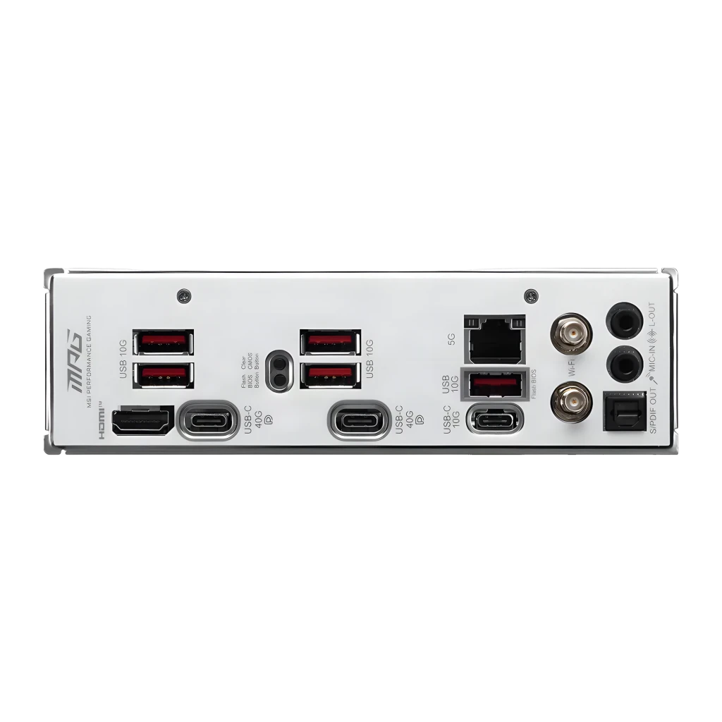 MSI MPG X870I Edge TI Evo WiFi Blanc, vue ensemble: carte mère, panneau arrière, antenne WiFi et boîte du produit - Ítem5
